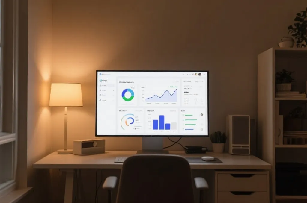 A large desktop monitor displaying a clean web dashboard with minimalist sports charts