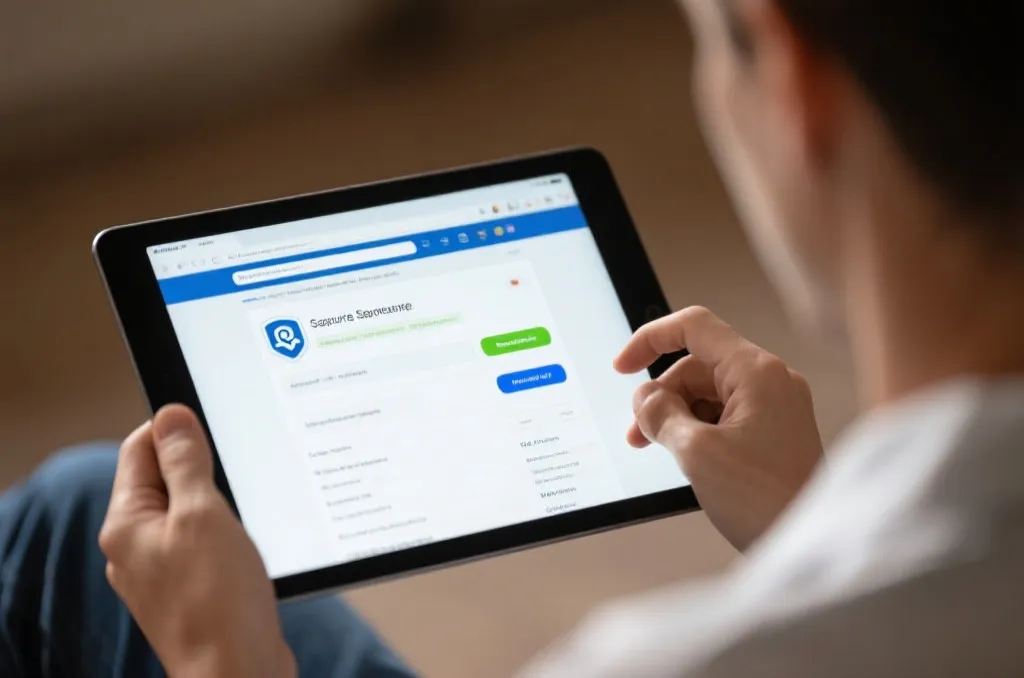 A high-quality editorial photo of a person safely browsing a secure website on a tablet